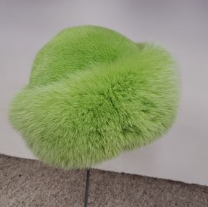 Lime Green Mink Fur Hat with Fox Fur Trim